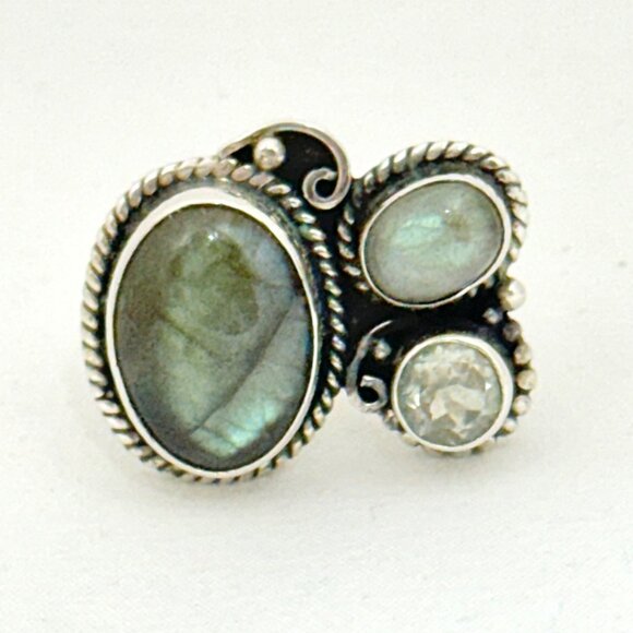 Labradorite and Faceted Green Amethyst Sterling Silver Statement Ring - Size 8 - Picture 7 of 10